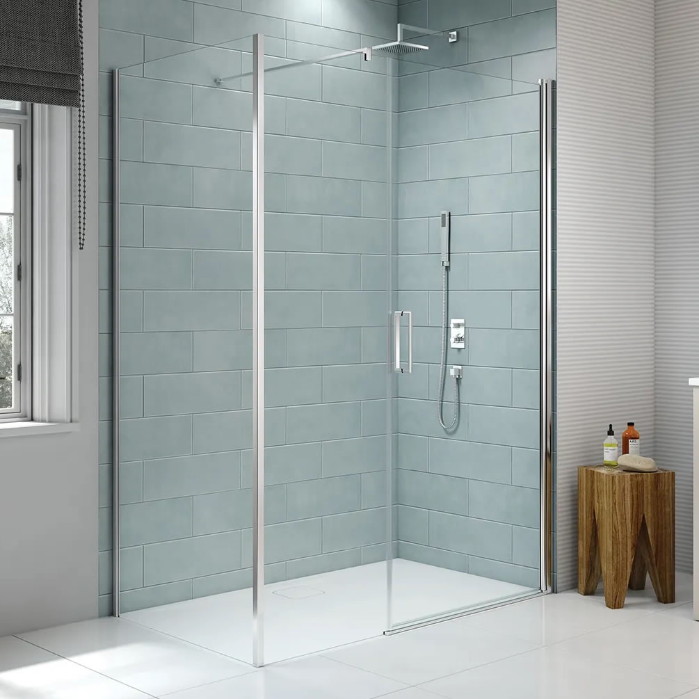 Lifestyle image of Merlyn 8 Series Frameless 1000mm Pivot Shower Door & Inline Panel